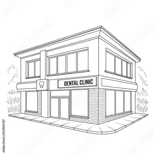 Line art illustration of a two story dental clinic building exterior