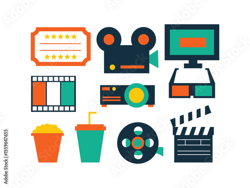 Collection of flat item illustrations of classic movie elements