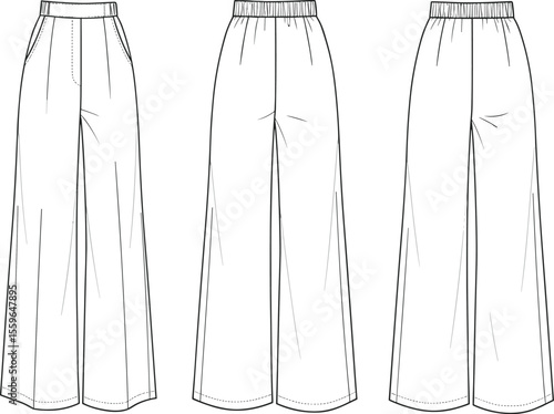 Flat front, back, side view wide leg pants technical sketch, vector cad drawing, women’s fashion illustration for garment design