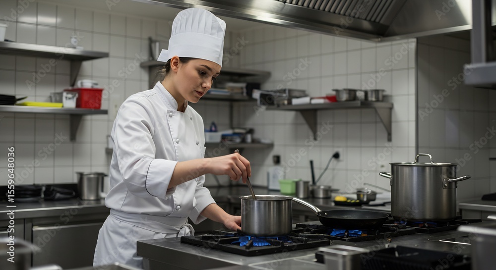 Young Female Chef in White Uniform Preparing Food in a Modern Restaurant Kitchen Young Female Chef in White Uniform Preparing Food in a Modern Restaurant Kitchen