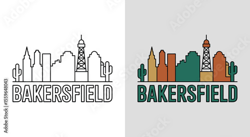 Bakersfield skyline with Fox Theater and oilfield buildings for vibrant cityscape art.