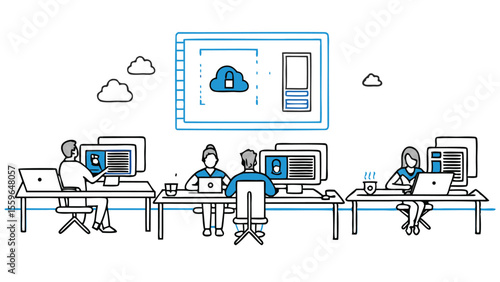 People working at desks with computers and laptops with cloud security illustration drawn in blue and black
