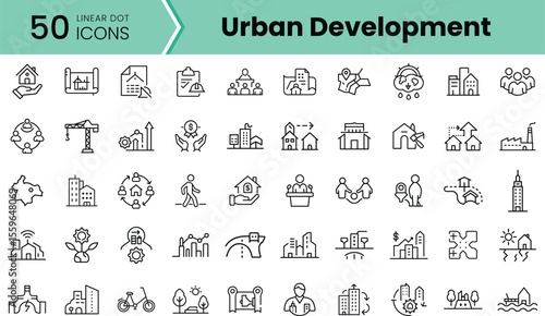 A collection of 50 linear icons representing urban development themes, showcasing buildings, construction, sustainability, and community engagement in a sleek design.