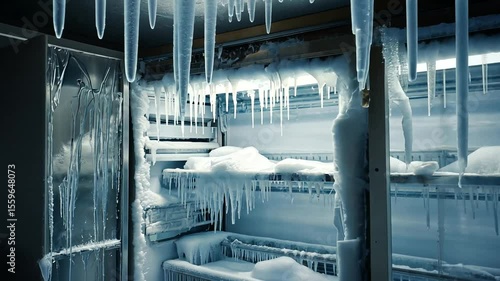 Ice-covered industrial freezer with icicles and frost, showcasing a cold storage environment