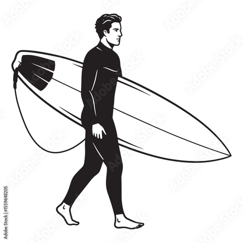 Black and white illustration of a surfer in wetsuit carrying a surfboard