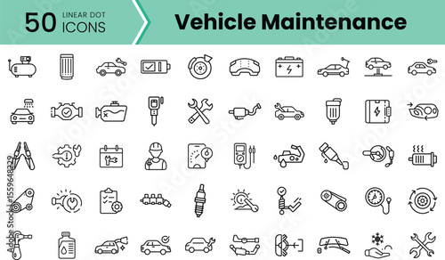 A collection of 50 linear icons representing various aspects of vehicle maintenance, including tools, parts, and diagnostic equipment, featuring a clean and minimalist design.