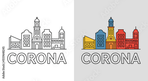 Corona skyline with City Hall and industrial buildings for dynamic cityscape art.