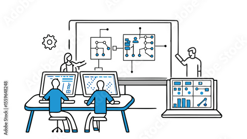 Team collaboration on data analysis and network visualization with multiple computer screens shown here