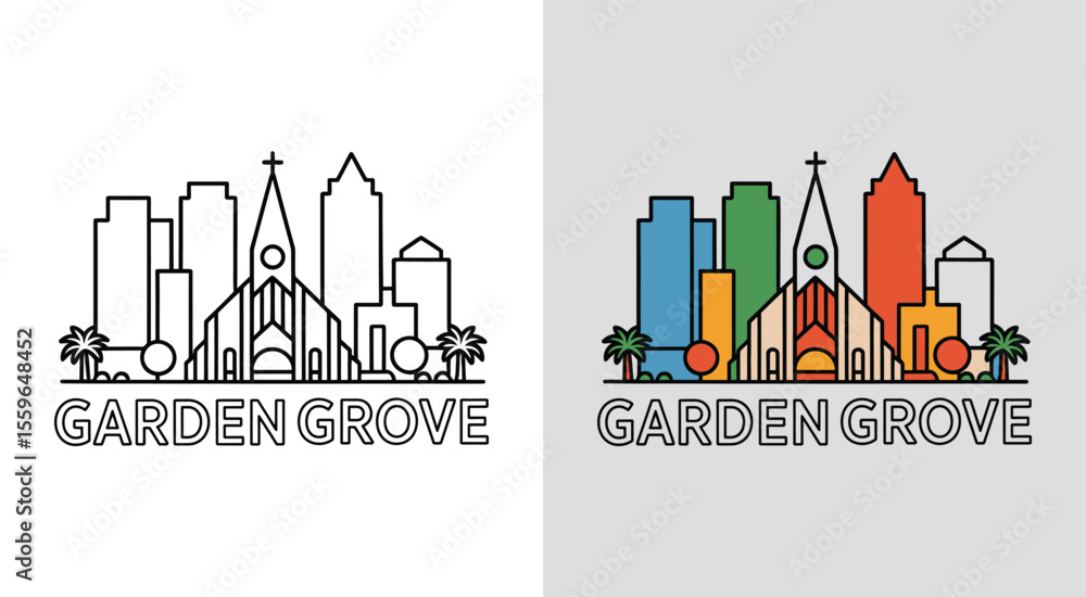 Fototapeta premium Garden Grove skyline with Crystal Cathedral and community buildings for iconic cityscape art.
