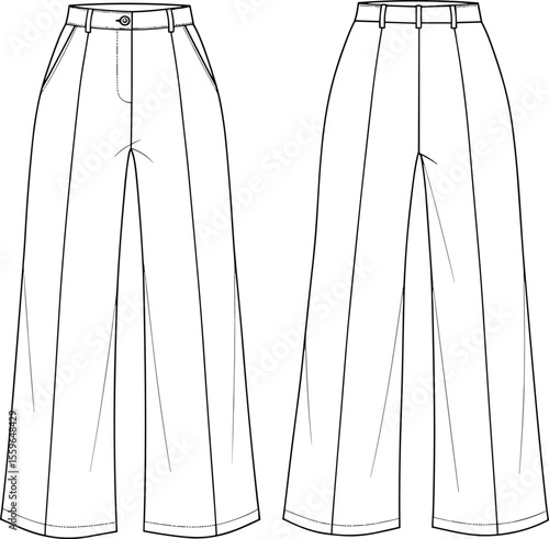 High waist women’s wide leg pants flat sketch, front and back view, CAD fashion drawing, technical vector design illustration