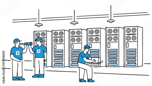 Technicians inspecting server room with telescope and tools in a data center environment setting
