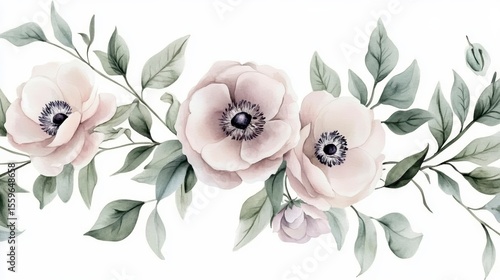 Watercolor painting of delicate pink anemones and green leaves arranged horizontally.