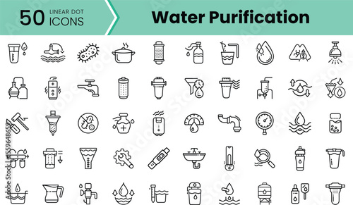 A collection of 50 linear icons representing various methods and tools for water purification, showcasing clean water concepts and environmental awareness.