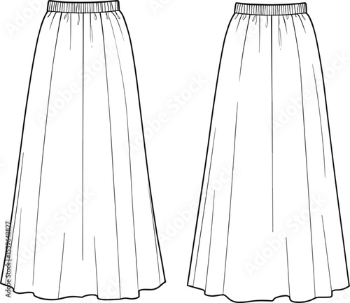 Long flared maxi skirt fashion flat sketch, front and back vector view, elastic waistband, technical cad drawing for clothing design