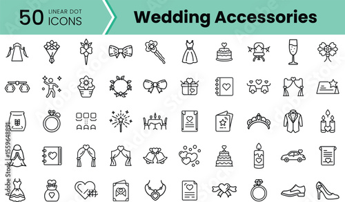 A collection of elegant linear icons representing various wedding accessories, including dresses, rings, cakes, and decorations, ideal for wedding planning and design.