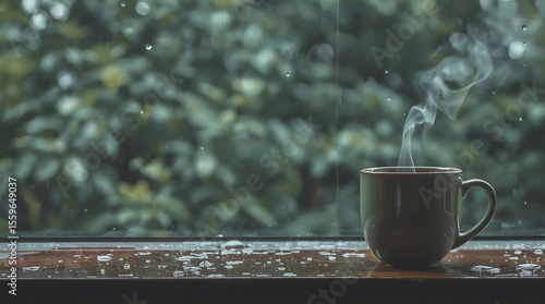 Steaming Cup on Rainy Windowsill – Cozy Atmosphere, Relaxation, and Rainy Day Concept

