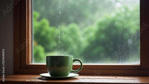 Green Cup on Saucer by Rainy Window – Cozy Home, Relaxation, and Rainy Day Concept

