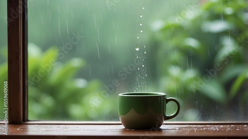 Green Mug on Windowsill with Rain and Blurred Nature Background – Cozy, Relaxation, and Rainy Day Concept

