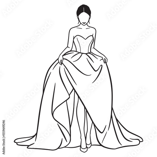 Elegant black and white illustration of a bride in a stunning wedding dress