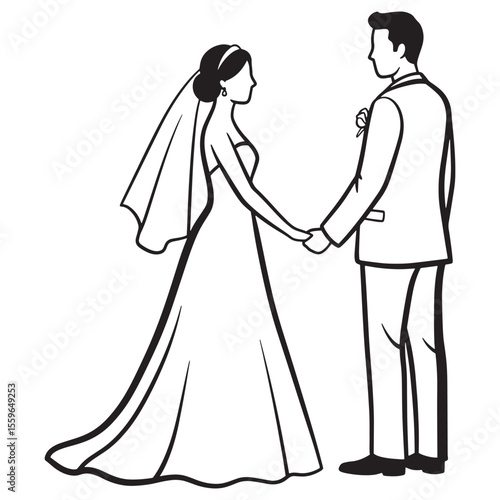 Elegant black and white illustration of a bride and groom holding hands on their wedding day