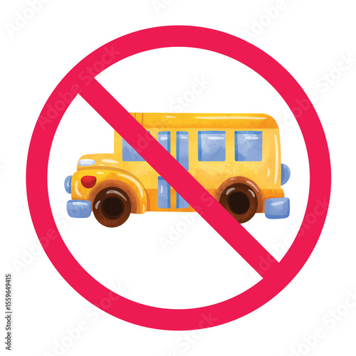 No school bus sign, prohibited bus symbol, yellow school bus with red crossed circle, no student bus allowed, restricted school transport symbol