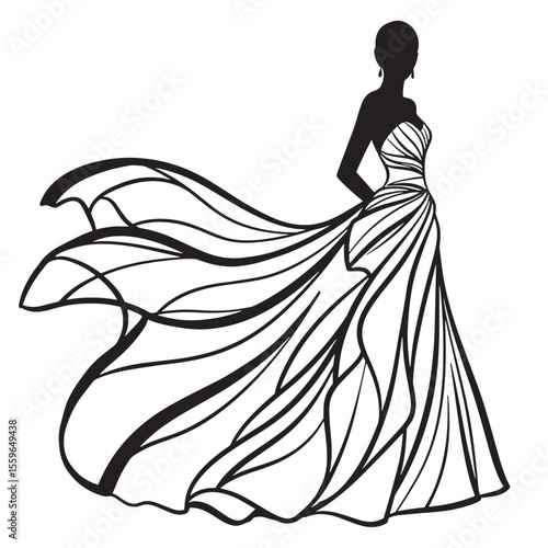 Elegant black and white silhouette illustration of a woman in a flowing gown