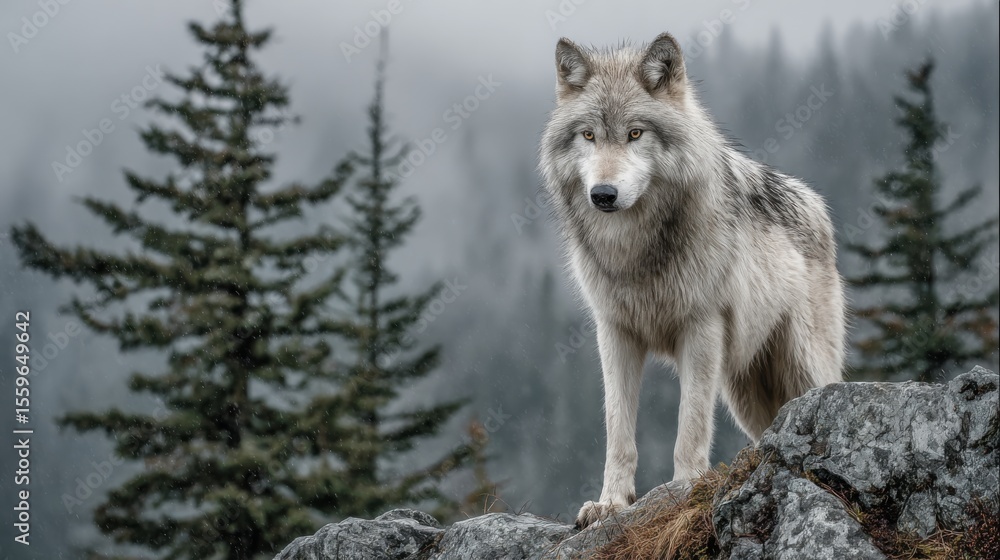 Fototapeta premium A lone wolf is standing on a rocky outcropping in a forest. The sky is overcast, and the trees are covered in snow. The wolf appears to be looking off into the distance