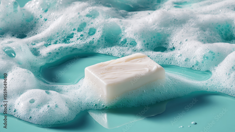 Fototapeta premium White soap bar with foam bubbles on turquoise surface creating fresh and clean feeling in close up view