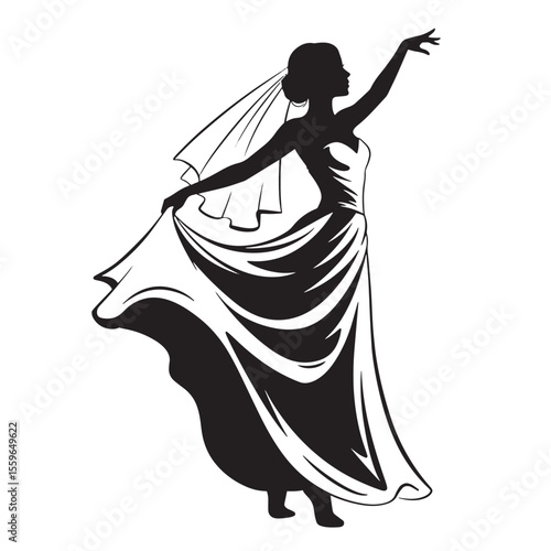 Elegant silhouette of a bride in a wedding gown with flowing dress and veil