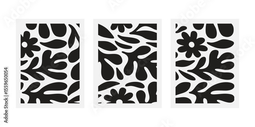 Modern Abstract Botanical Cutout Art in Black and White Bold Plant and Floral Shapes Design