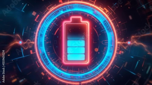 Futuristic battery charging animation displaying different levels in a digital interface