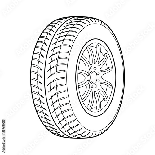 Car tire outline illustration black and white drawing of a vehicle wheel