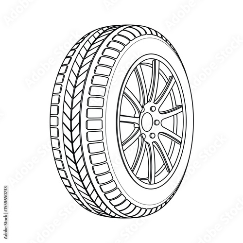 Detailed Line Art Illustration of a Car Tire and Rim on White