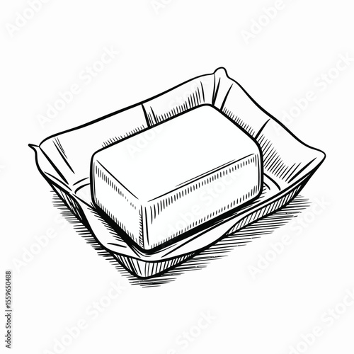Hand drawn illustration of butter in a dish black and white