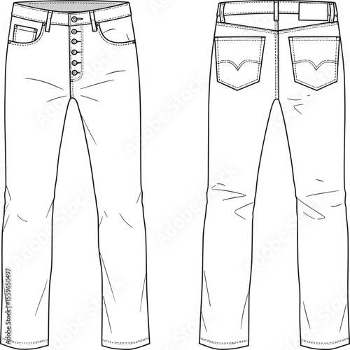 Men’s jeans front and back view, fashion technical flat sketch, button fly denim pants vector, CAD drawing, apparel design