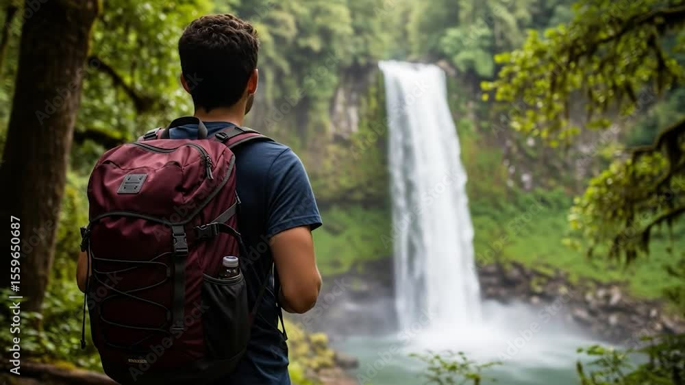 Majestic Waterfall View: Hiker with Backpack Enjoys Nature's Beauty Majestic Waterfall View: Hiker with Backpack Enjoys Nature's Beauty