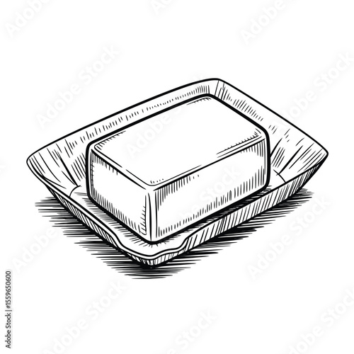 Hand Drawn Butter Block in Tray Illustration in Black and White