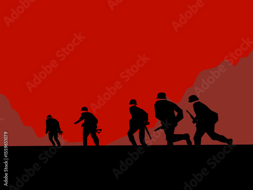 An illustration of  Soldiers in World War Silhouette on Battlefield with Retro Vintage style– Red Dramatic Background, Red background emphasizes danger, fear, and the harsh reality in war and not ai 