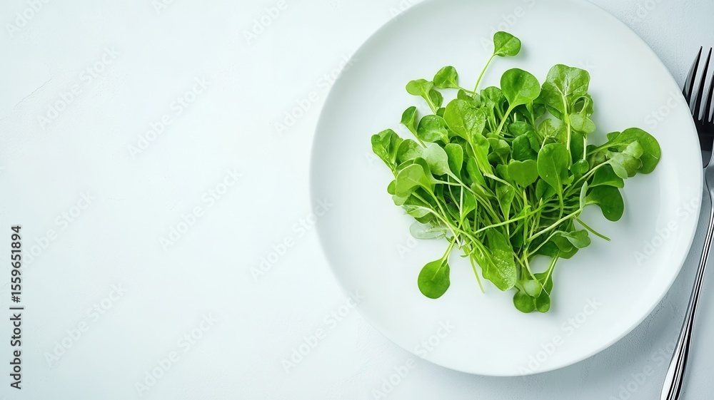 Fresh microgreens, symbolizing healthy eating and dietary choices, are placed on a white plate Fresh microgreens, symbolizing healthy eating and dietary choices, are placed on a white plate