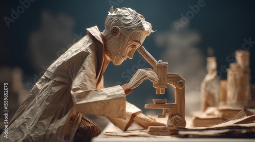 Wallpaper Mural A man in a lab coat is looking through a microscope. The scene is set in a laboratory with various objects such as bottles, a book, and a cup. The man is examining something under the microscope Torontodigital.ca