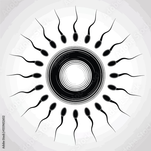 Sperm Fertilizing Egg Illustration in Black and White Medical Concept