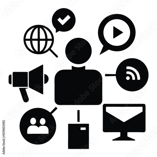 business communication vector, meeting icon, corporate network silhouette, office chat line art, teamwork symbol

