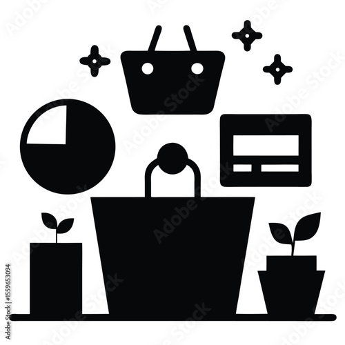 online shopping vector, ecommerce basket icon, buy product silhouette, digital shop line art, internet shopping symbol

