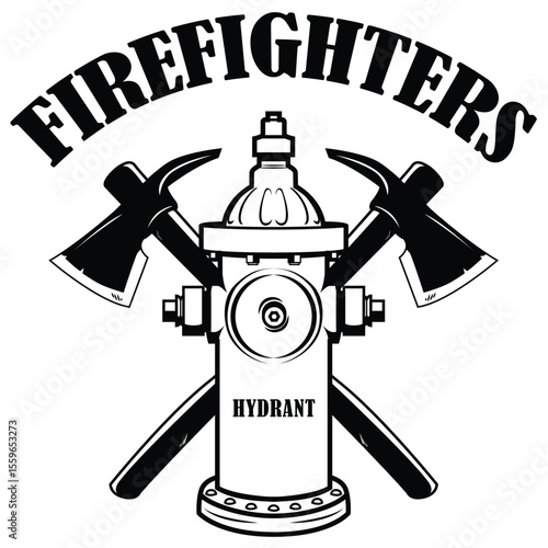 Fire fighter hydrant and crossed axe illustration. Black and white fire fighter blank logo emblem design	