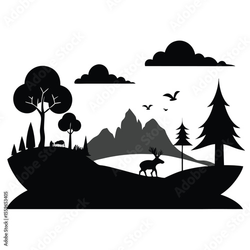 nature landscape vector, park tree icon, outdoor forest silhouette, eco travel line art, camping landscape symbol

