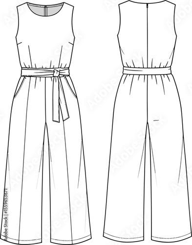 Sleeveless wide-leg jumpsuit with belt, front and back flat sketch, fashion CAD technical drawing, stylish vector outfit design illustration