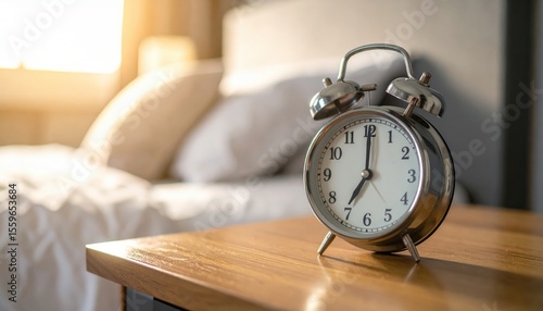 Classic analog alarm clock on wooden bedside table with sunlit bed in background, peaceful morning wake-up and daily routine concept
