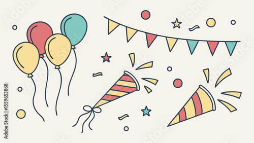 A festive collection of colorful party elements including balloons a bunting banner confetti stars and party poppers against a light background perfect for celebrations