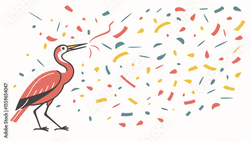 A stylized coral colored crane bird stands on one leg amidst a festive shower of colorful confetti and streamers celebrating a joyous occasion