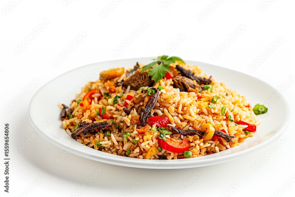 Hot Nasi Goreng Kampung Served with Fried Anchovies, Egg, and Vegetables Hot Nasi Goreng Kampung Served with Fried Anchovies, Egg, and Vegetables